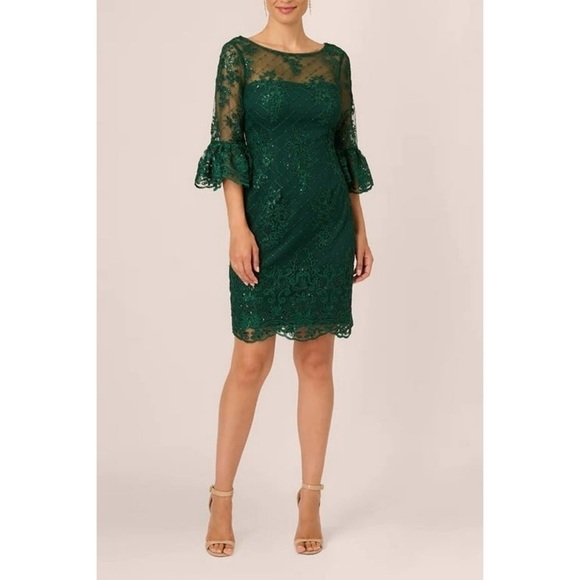 Adrianna Papell Dresses & Skirts - NWT Adrianna Papell Forest Green Embroidered Lace Ruffle Sleeve Dress Size 4